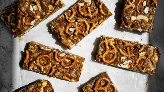 Chewy vanilla protein granola bars with pretzels