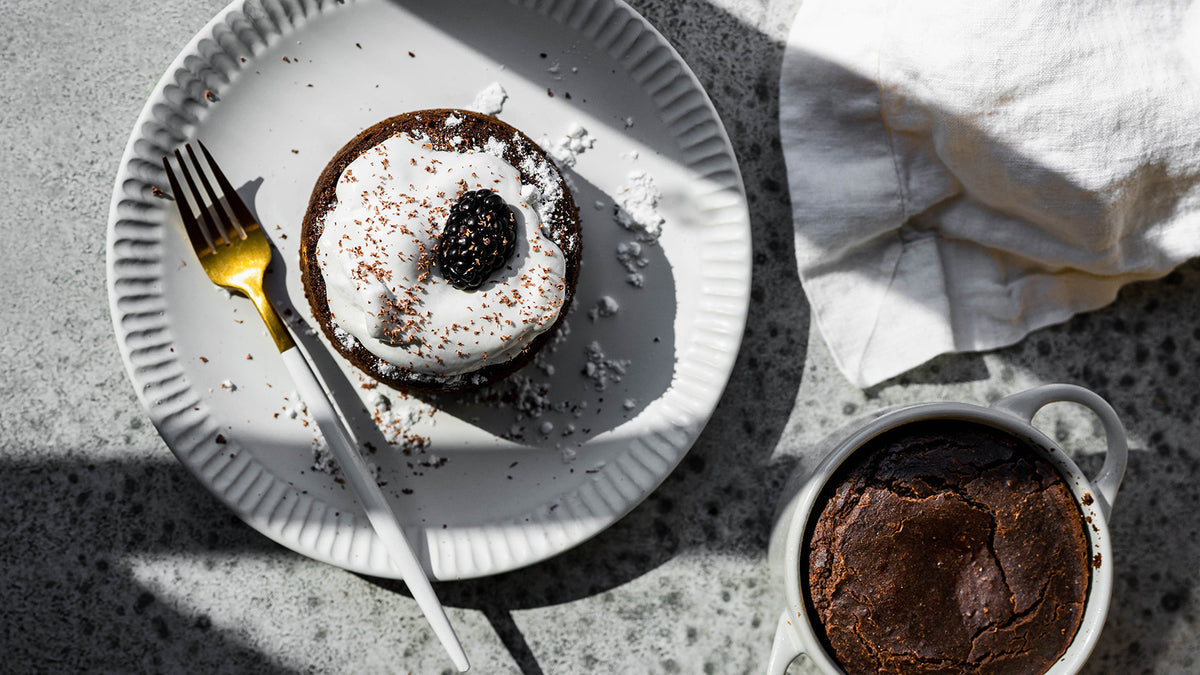 Peanut butter chocolate protein lava cake on a plate