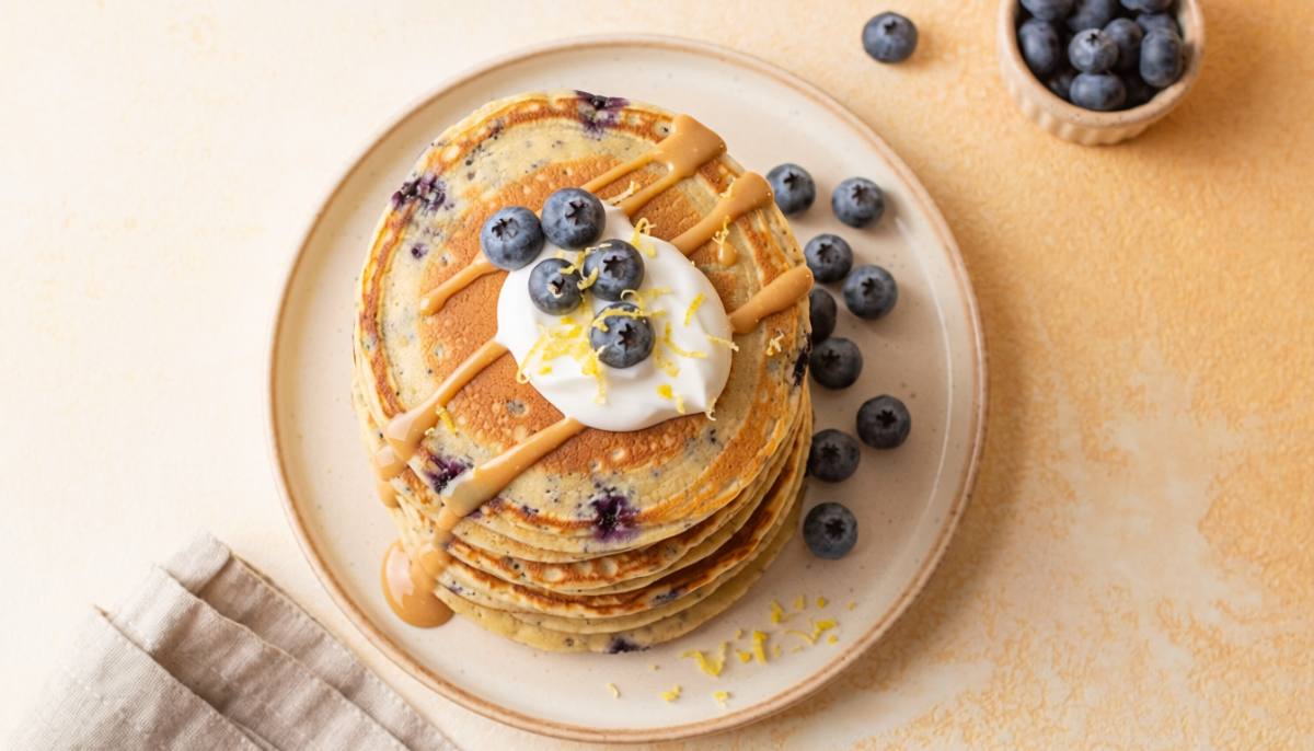 Lemon blueberry protein pancakes stacked with yogurt and blueberries