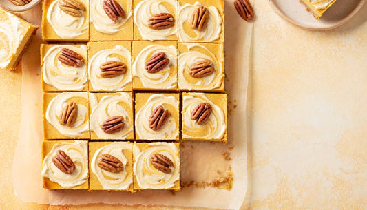 No-bake pumpkin protein bars with cream cheese swirl and pecans