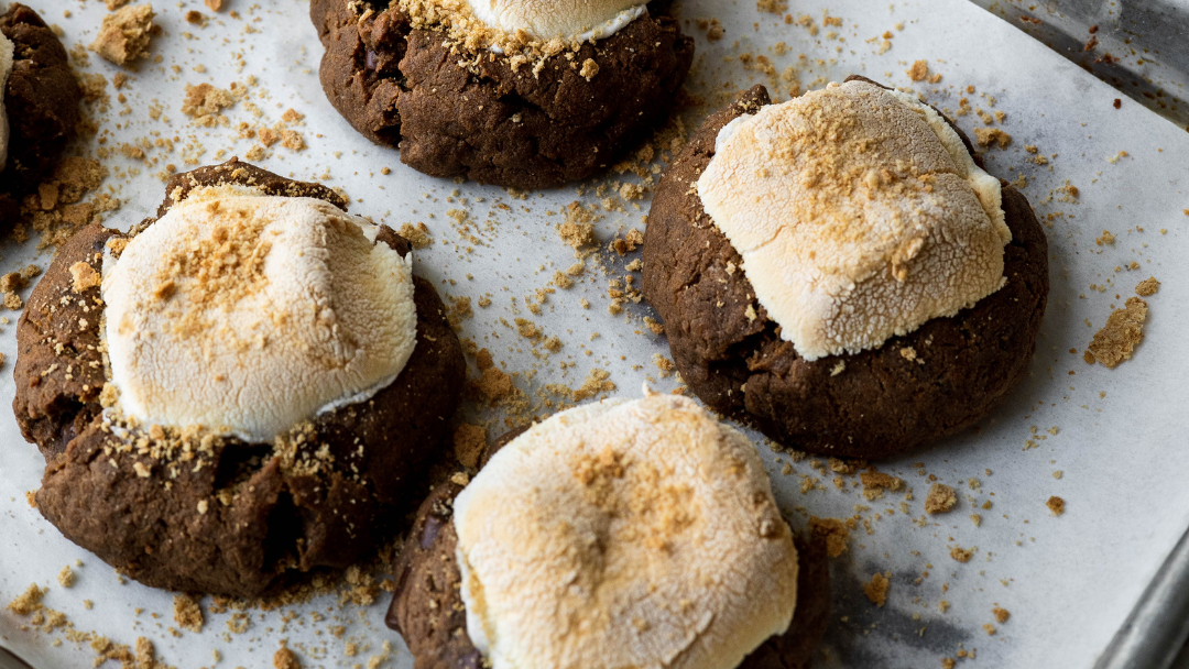 S'mores chocolate protein cookies with toasted marshmallow