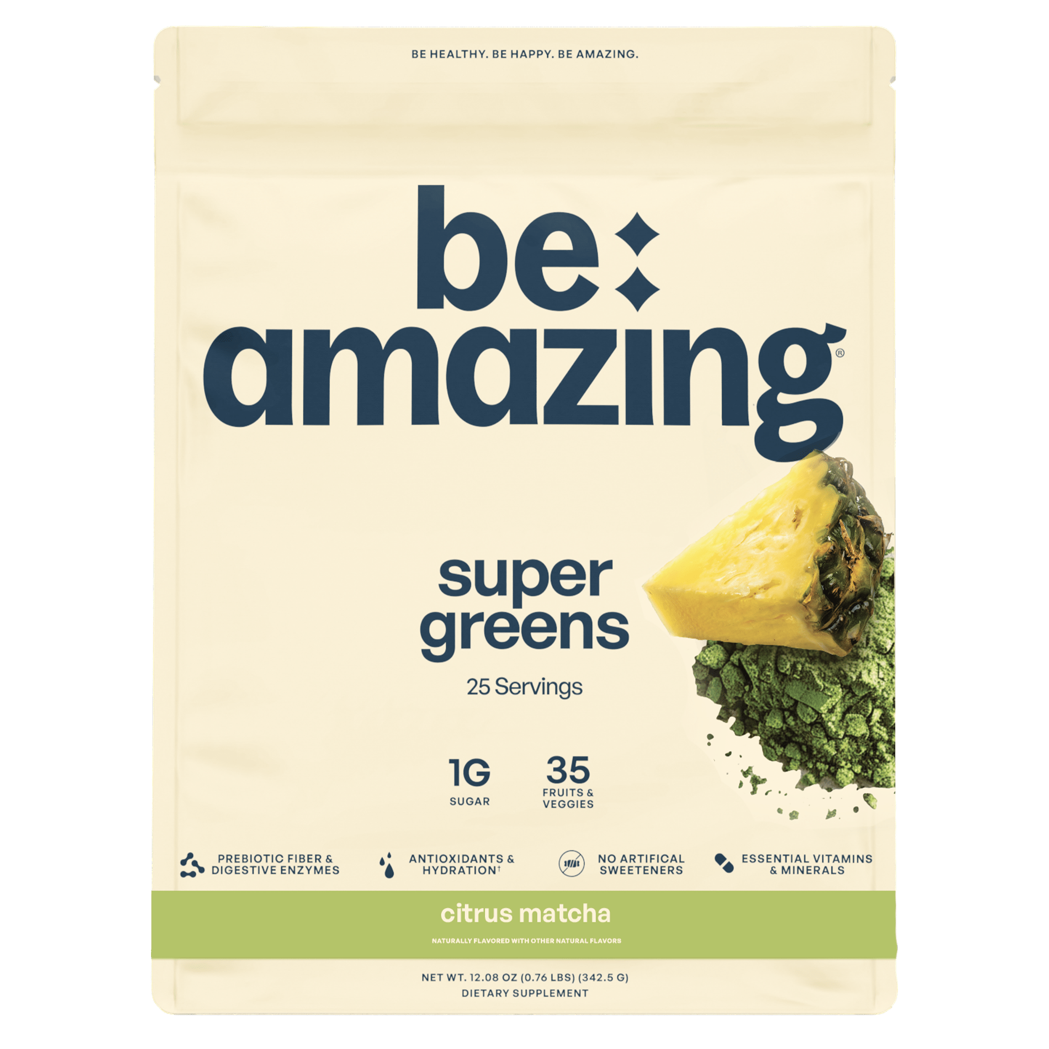 A vibrant green powder, labeled "Super Greens," is scooped into a white bowl, ready for a healthy drink.