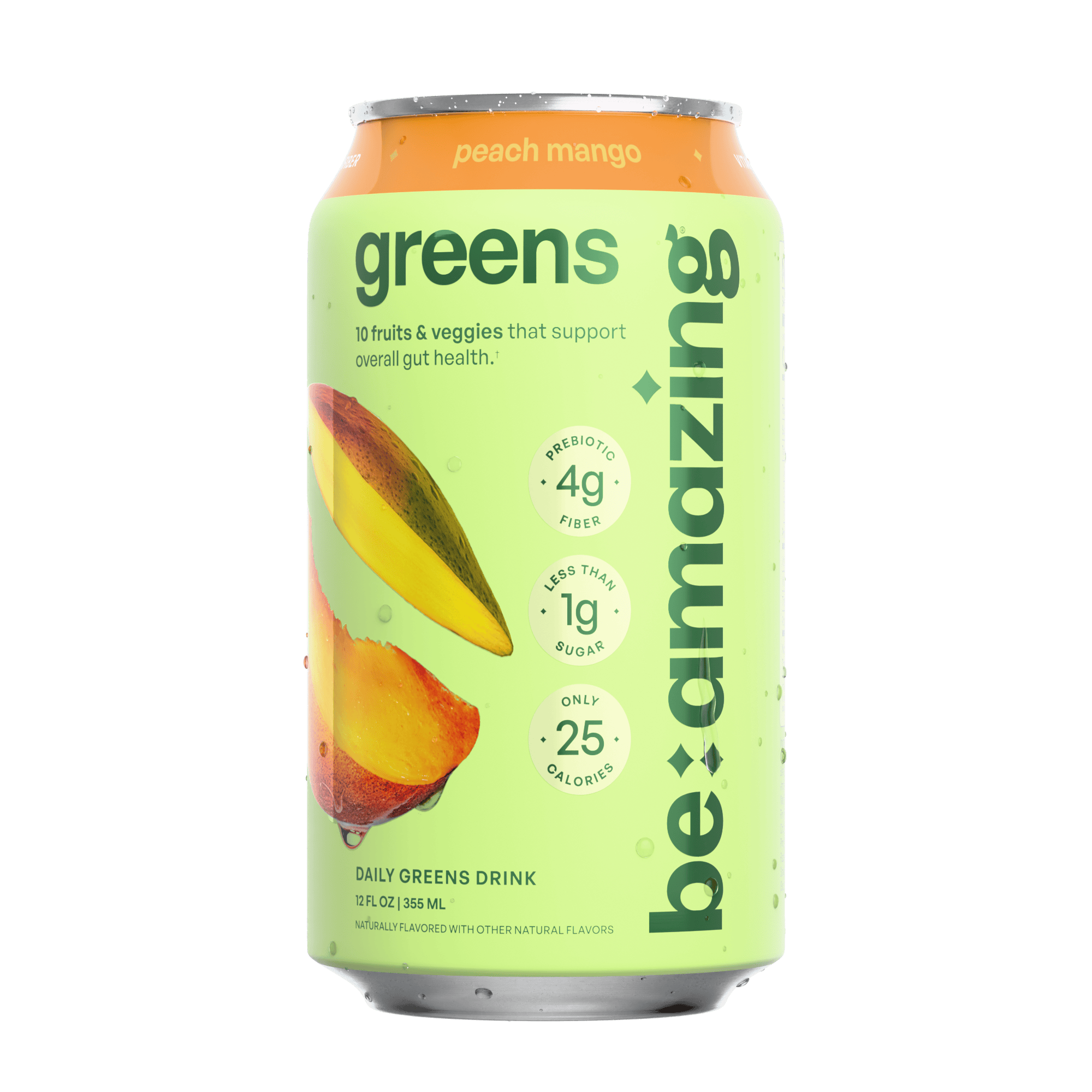 A glass of Daily Greens Drink with fresh fruit garnishes, on a clean white background.