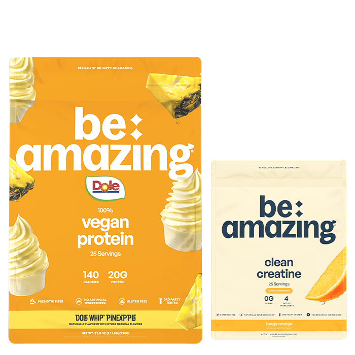 Vegan + Creatine Bundle: Two tubs of vegan protein powder and a tub of creatine powder.