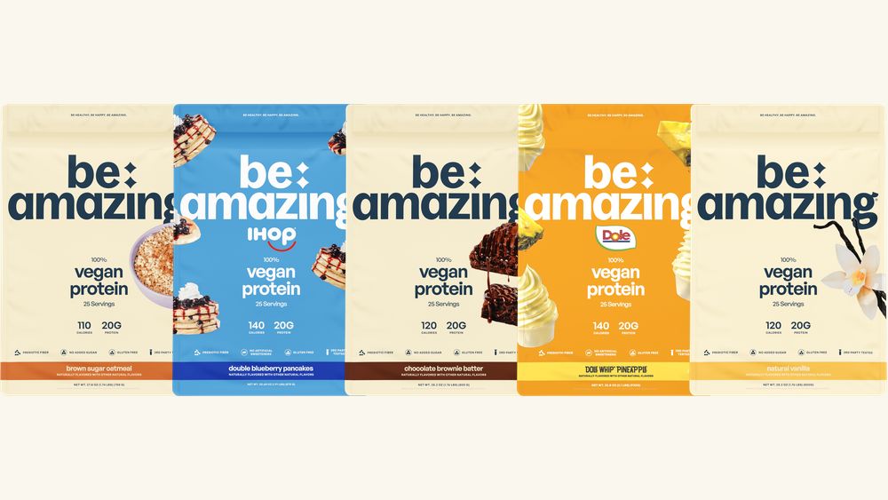 Five Be Amazing vegan protein flavors side by side
